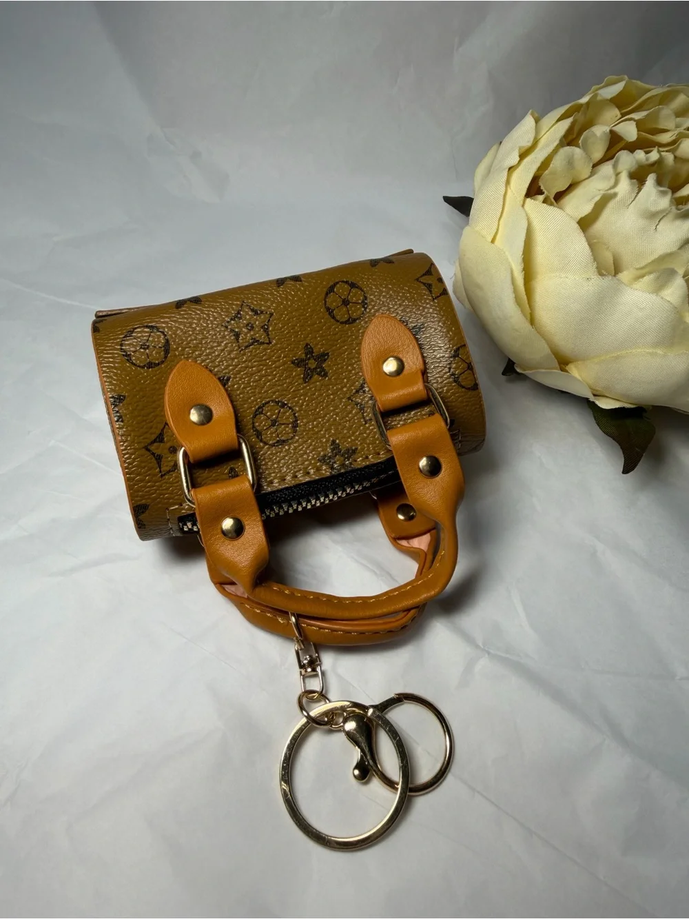 Stylish Tan Mini Top-Handle Bag Keychain/ Bag Charm with Gold Hardware